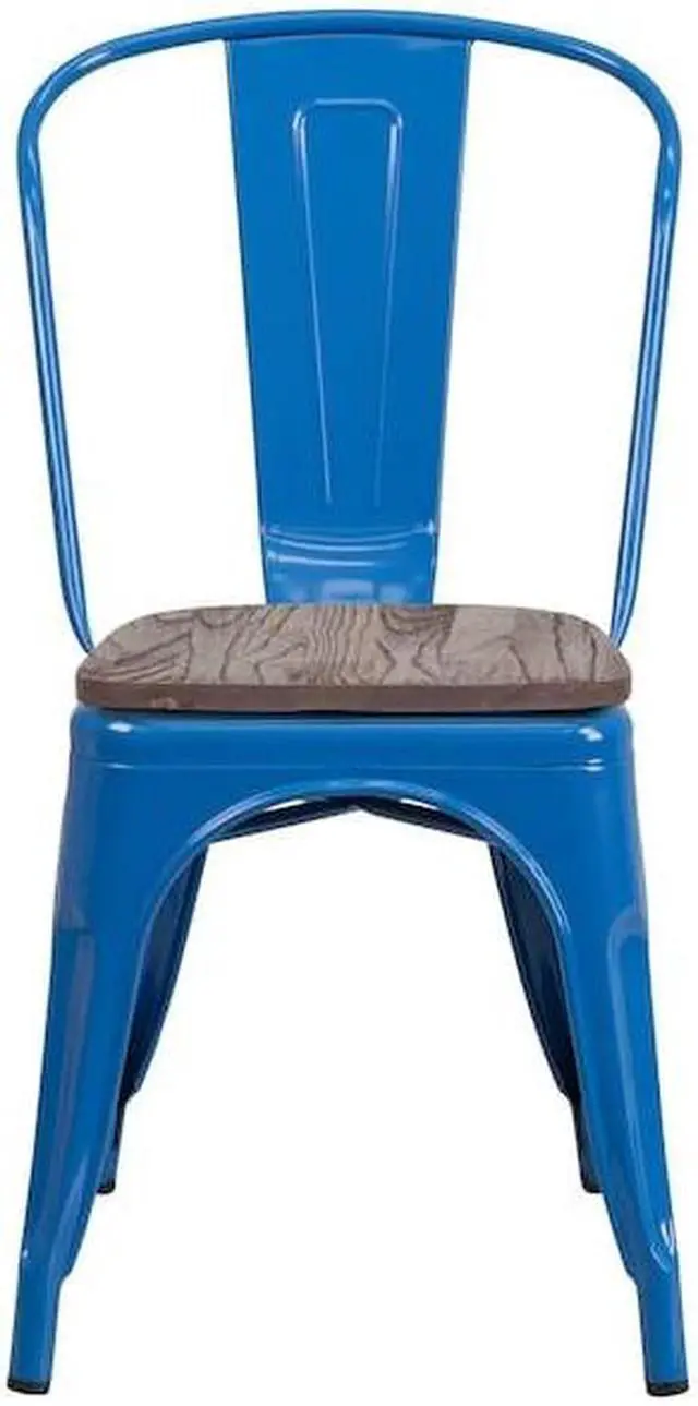 Alt view image 13 of 17 - Blue Metal Stackable Chair with Wood Seat