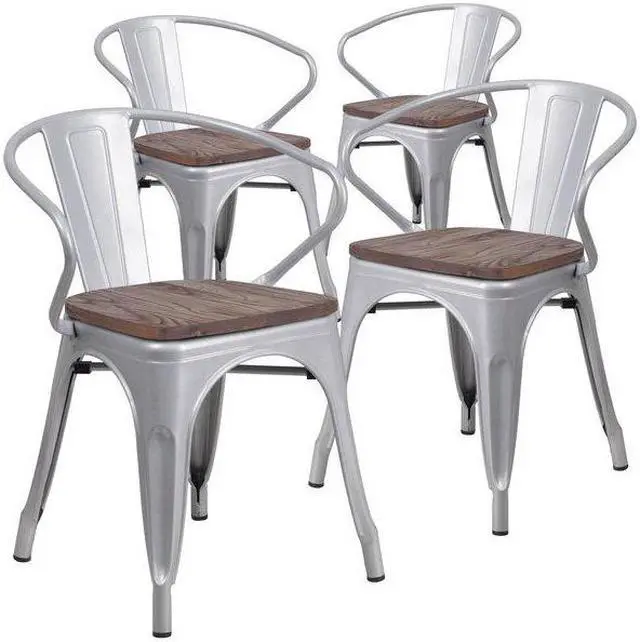 Alt view image 2 of 14 - FLASH FURNITURE 4-CH-31270-SIL-WD-GG Silver Metal Chair with Wood Seat and Arms
