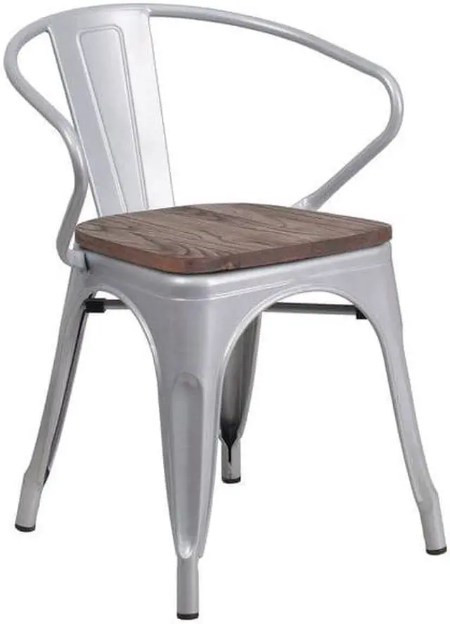 Alt view image 4 of 14 - FLASH FURNITURE 4-CH-31270-SIL-WD-GG Silver Metal Chair with Wood Seat and Arms