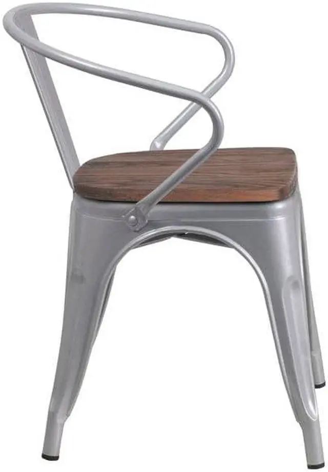 Alt view image 5 of 14 - FLASH FURNITURE 4-CH-31270-SIL-WD-GG Silver Metal Chair with Wood Seat and Arms