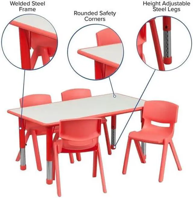 Alt view image 11 of 19 - 23.625''W x 47.25''L Rectangular Red Plastic Height Adjustable Activity Table Set with 4 Chairs