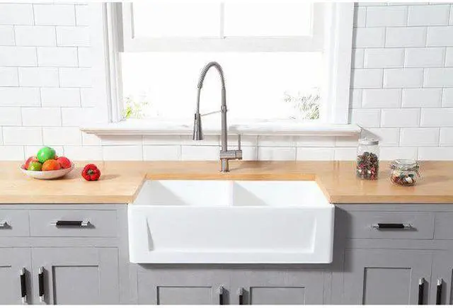 Alt view image 3 of 8 - Gourmetier GKFA361810SQD Solid Surface Double Bowl Farmhouse Kitchen Sink, Matte White