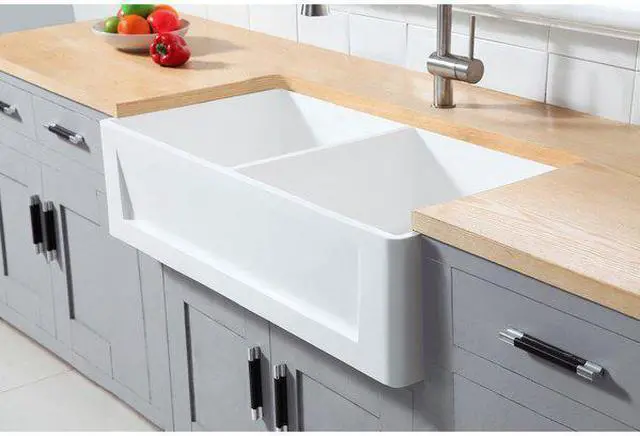 Alt view image 5 of 8 - Gourmetier GKFA361810SQD Solid Surface Double Bowl Farmhouse Kitchen Sink, Matte White