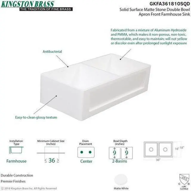 Alt view image 4 of 8 - Gourmetier GKFA361810SQD Solid Surface Double Bowl Farmhouse Kitchen Sink, Matte White