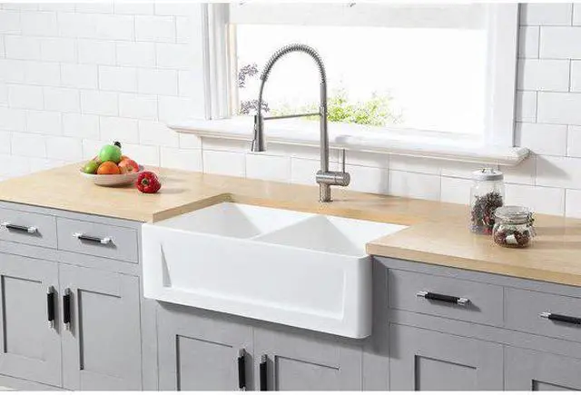 Alt view image 7 of 8 - Gourmetier GKFA361810SQD Solid Surface Double Bowl Farmhouse Kitchen Sink, Matte White