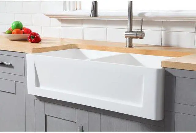 Alt view image 6 of 8 - Gourmetier GKFA361810SQD Solid Surface Double Bowl Farmhouse Kitchen Sink, Matte White