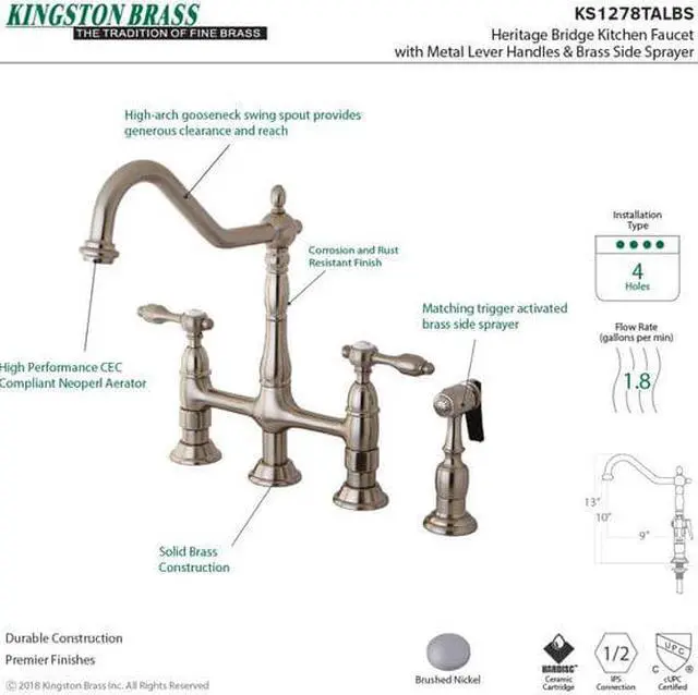 Alt view image 3 of 7 - Kingston Brass KS1278TALBS Tudor 8" Center Kitchen Faucet With Brass Sprayer