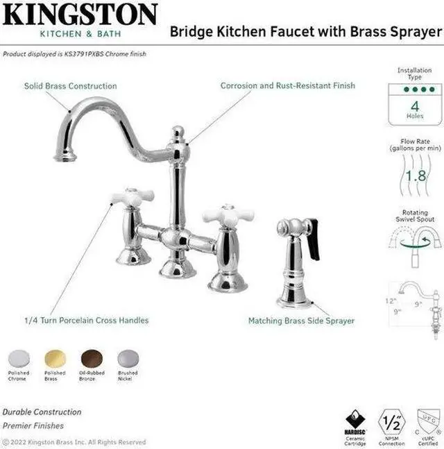 Alt view image 3 of 5 - Kingston Brass KS3795PXBS 8 in. Deck Mount Kitchen Faucet with Brass Sprayer