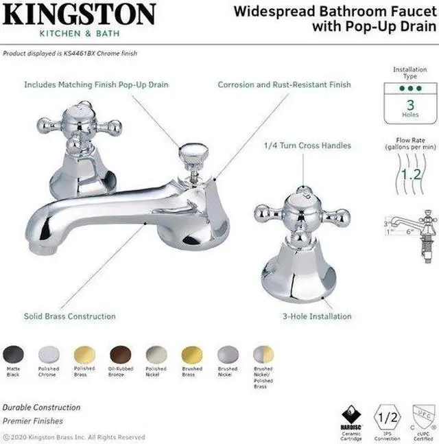 Alt view image 5 of 7 - Kingston Brass KS4468BX Two Handle 8 in. to 16 in. Widespread Lavatory Faucet with Brass Pop-up