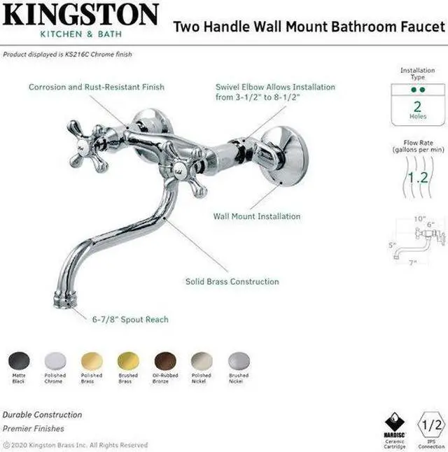 Alt view image 4 of 9 - Kingston Brass KS216MB Kingston Two-Handle Wall Mount Bathroom Faucet, Matte Black