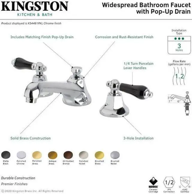 Alt view image 6 of 9 - Kingston Brass KS4468PKL Metropolitan Onyx Widespread Lavatory Faucet With Black