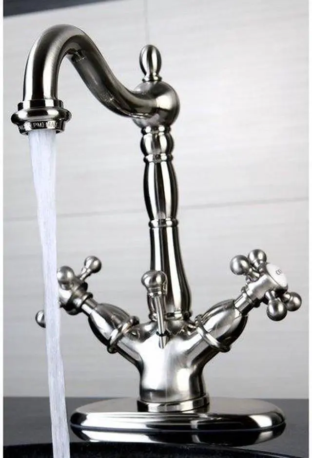 Alt view image 5 of 9 - Kingston Brass KS1438BX 4 in. Deck Plate Lavatory Faucet with Cross Handle & Handle & Brass Pop-Up, Satin Nickel