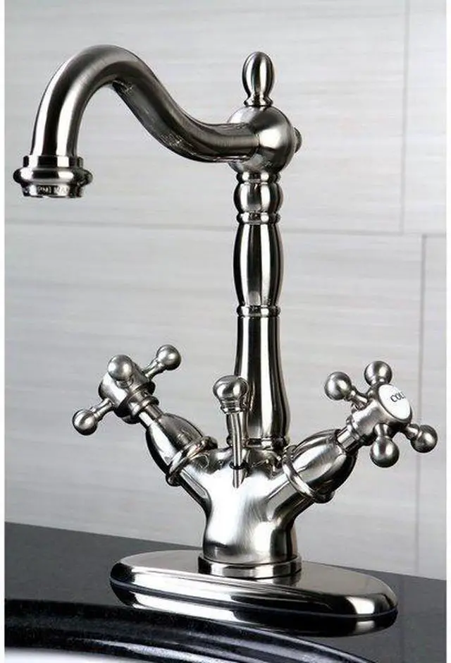 Alt view image 6 of 9 - Kingston Brass KS1438BX 4 in. Deck Plate Lavatory Faucet with Cross Handle & Handle & Brass Pop-Up, Satin Nickel
