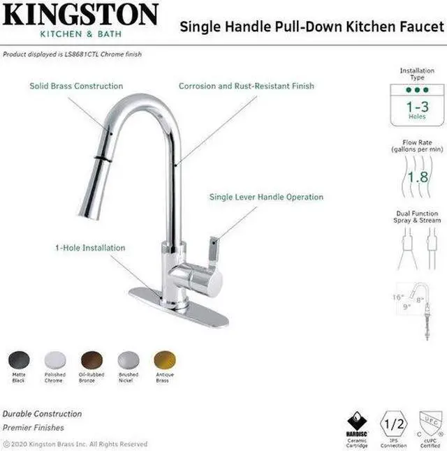Alt view image 6 of 12 - Gourmetier LS8681CTL Continental Single-Handle Pull-Down Kitchen Faucet, Polished Chrome