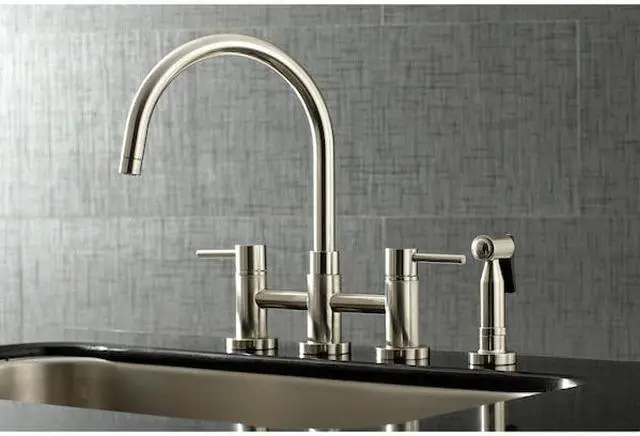 Alt view image 5 of 11 - Kingston Brass KS8278DLBS Concord Two-Handle Bridge Kitchen Faucet with Brass Side Sprayer, Brushed Nickel