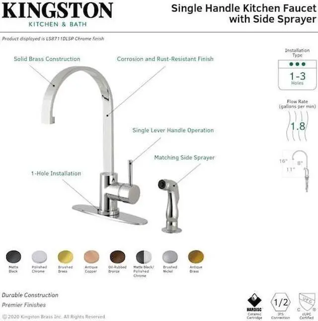 Alt view image 3 of 8 - Gourmetier LS8710DLSP 8-inch Centerset Kitchen Faucet with Side Sprayer, Matte Black