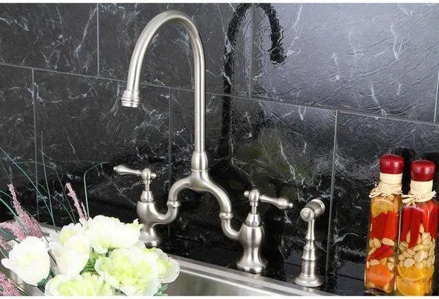 Alt view image 4 of 8 - Kingston Brass KS7798ALBS English Country Kitchen Bridge Faucet with Brass Sprayer, Satin Nickel