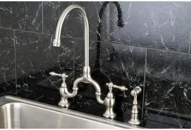 Alt view image 5 of 8 - Kingston Brass KS7798ALBS English Country Kitchen Bridge Faucet with Brass Sprayer, Satin Nickel