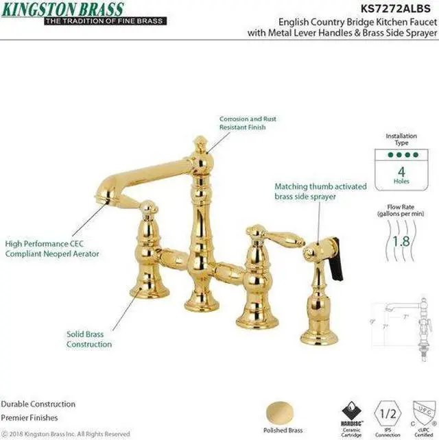 Alt view image 6 of 12 - Kingston Brass KS7272ALBS Kitchen Faucet with Side Sprayer, Polished Brass - 8.3125 x 6.875 x 14.125 in.