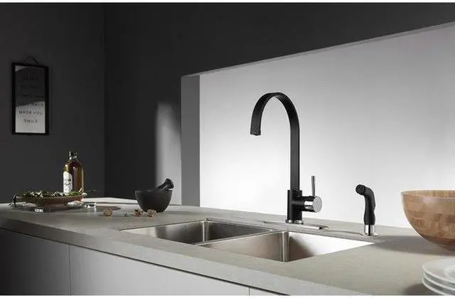Alt view image 3 of 8 - Gourmetier LS8717DLSP 8-inch Centerset Kitchen Faucet with Side Sprayer, Matte Black/Chrome
