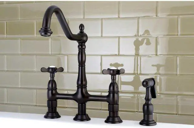 Alt view image 4 of 10 - Kingston Brass KS1275BEXBS 8 in. Centerset Kitchen Faucet & Brass Sprayer with Metal Cross Handle, Oil Rubbed Bronze
