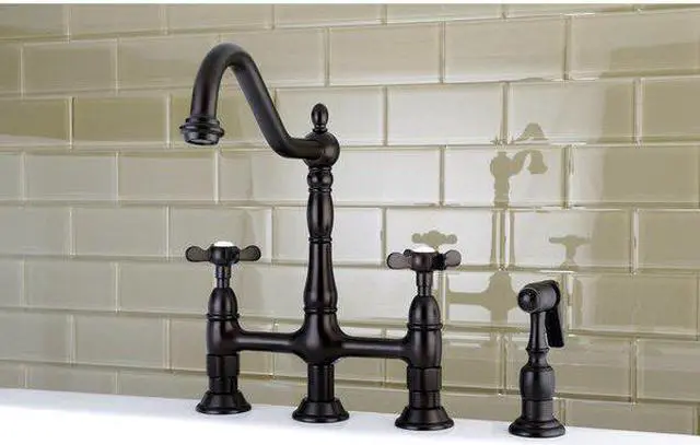 Alt view image 5 of 10 - Kingston Brass KS1275BEXBS 8 in. Centerset Kitchen Faucet & Brass Sprayer with Metal Cross Handle, Oil Rubbed Bronze