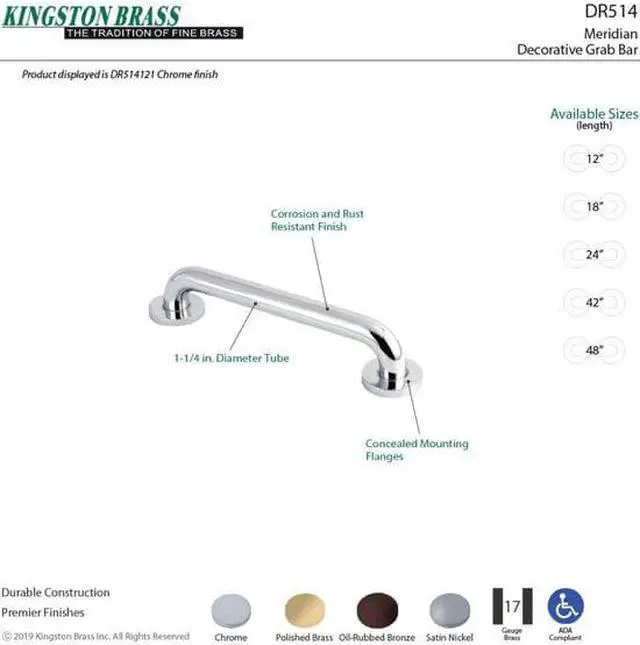 Alt view image 4 of 6 - Kingston Brass DR514246 Meridian 24" Decorative ADA Grab Bar, Polished Nickel