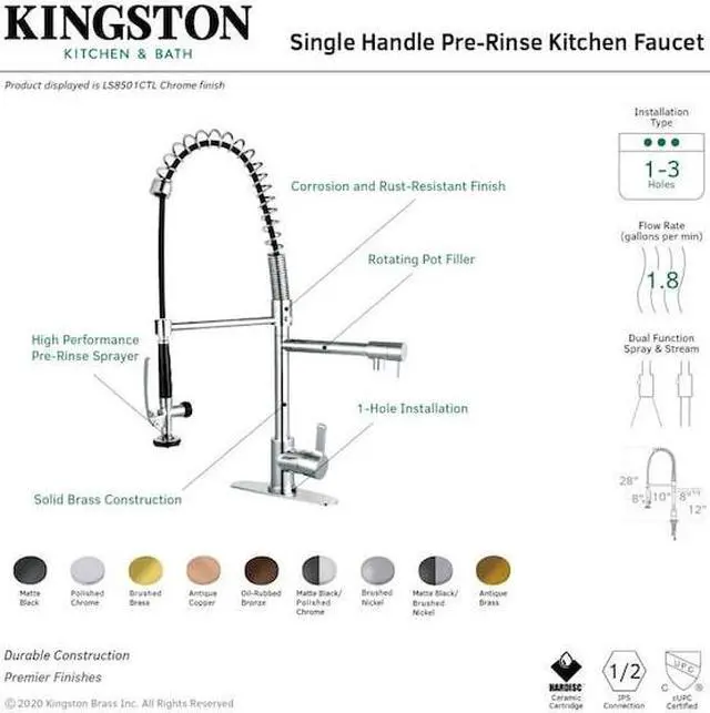Alt view image 5 of 12 - Gourmetier LS8508CTL Continental Single-Handle Pre-Rinse Kitchen Faucet, Brushed Nickel