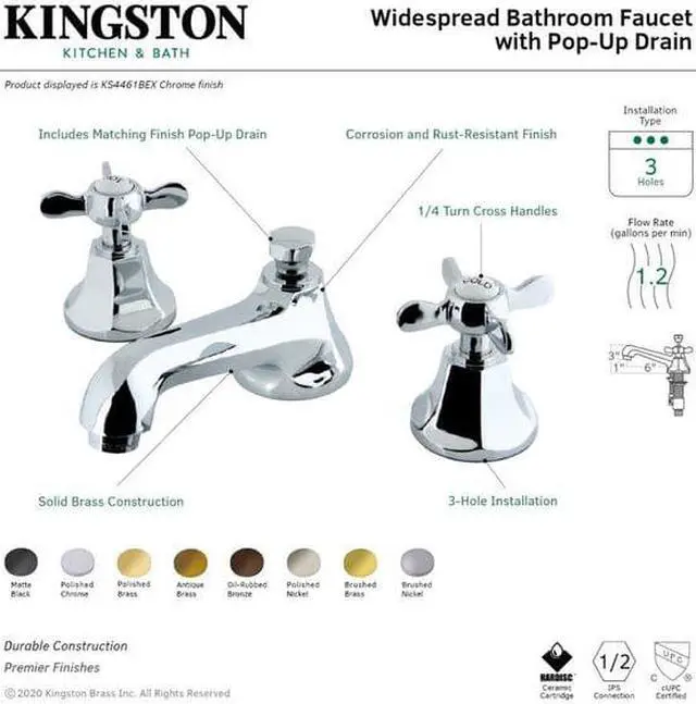 Alt view image 5 of 7 - Kingston Brass KS4468BEX Modern Essex 8 in. Widespread Lavatory Faucet with Brass Pop-Up - Brushed Nickel