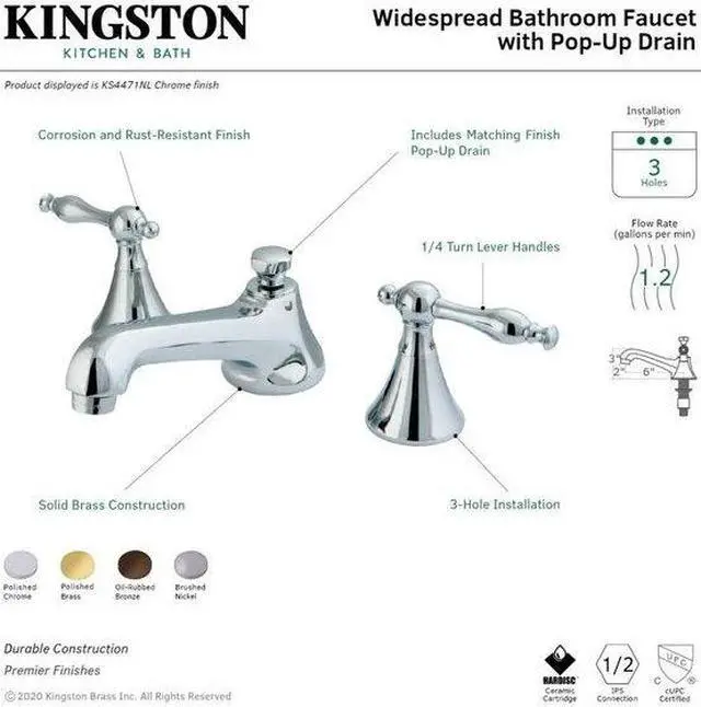 Alt view image 5 of 6 - Kingston Brass KS4478NL Widespread Lavatory Faucet with Brass Pop-Up & Metal Lever Handle Satin Nickel