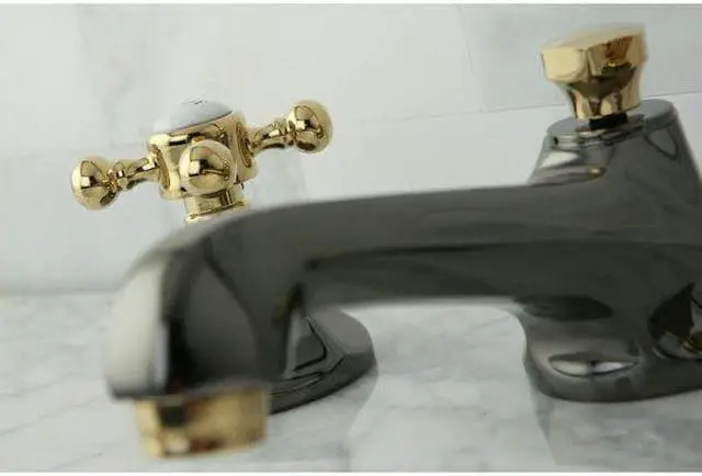 Alt view image 7 of 8 - Kingston Brass NS4469BX Water Onyx widespread lavatory faucet with brass pop-up drain, black nickel finish with polished brass trim
