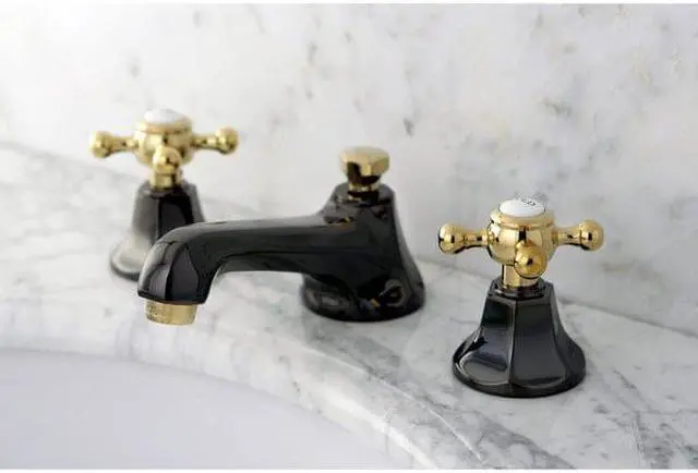 Alt view image 6 of 8 - Kingston Brass NS4469BX Water Onyx widespread lavatory faucet with brass pop-up drain, black nickel finish with polished brass trim