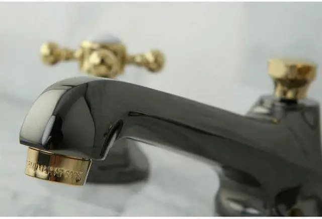 Alt view image 8 of 8 - Kingston Brass NS4469BX Water Onyx widespread lavatory faucet with brass pop-up drain, black nickel finish with polished brass trim