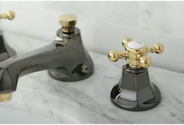 Alt view image 4 of 8 - Kingston Brass NS4469BX Water Onyx widespread lavatory faucet with brass pop-up drain, black nickel finish with polished brass trim