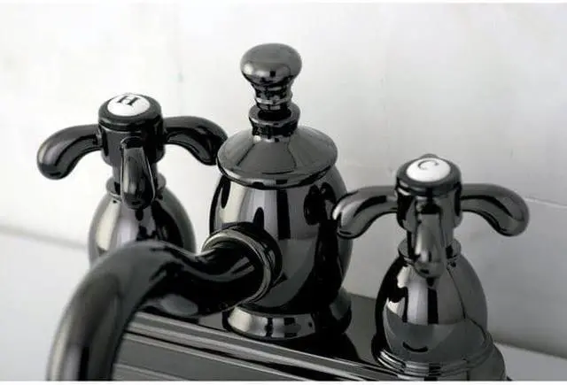 Alt view image 7 of 16 - Kingston Brass NS7100TX Water Onyx 4 inch centerset lavatory faucet with cross handles and brass pop up drain, Black Nickel