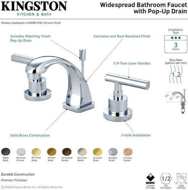 Alt view image 4 of 6 - Kingston Brass KS4941CML Two Handle 4 in. to 8 in. Mini Widespread Lavatory Faucet with Brass Pop-up