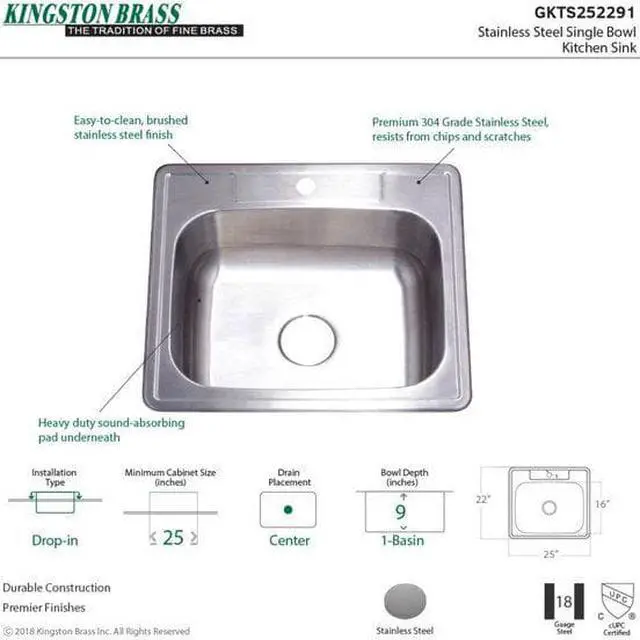 Alt view image 3 of 4 - Gourmetier GKTS252291 25"x22"x9" Self-Rimming Single Bowl Kitchen Sink (1 Hole), Brushed