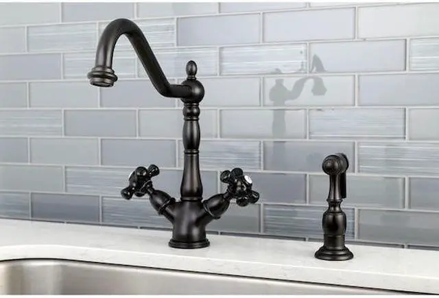 Alt view image 3 of 4 - Kingston Brass KS1235PKXBS 8 in. Centerset Deck Mount Kitchen Faucet with Cross Handle & Brass Sprayer, Oil Rubbed Bronze