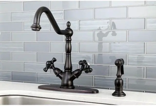 Alt view image 4 of 4 - Kingston Brass KS1235PKXBS 8 in. Centerset Deck Mount Kitchen Faucet with Cross Handle & Brass Sprayer, Oil Rubbed Bronze