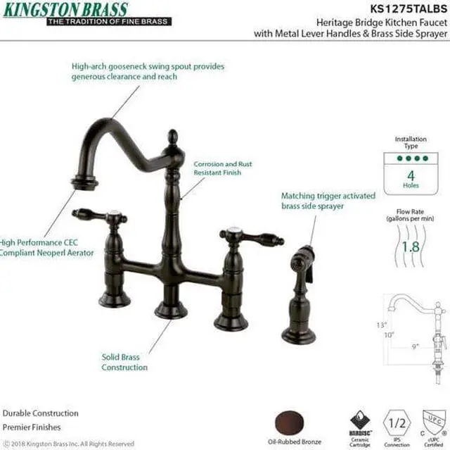 Alt view image 5 of 12 - Kingston Brass KS1275TALBS Tudor 8" Center Kitchen Faucet With Brass Sprayer