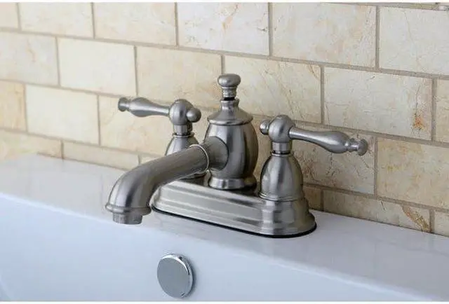 Alt view image 4 of 8 - Kingston Brass KS7008NL 4 in. Centerset Lavatory Faucet with Heritage Spout & Metal Lever Handle, Satin Nickel