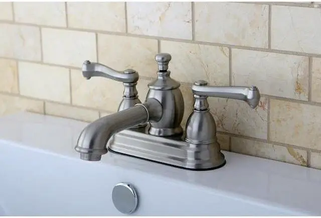 Alt view image 4 of 6 - Kingston Brass KS7008FL 4 in. Centerset Lavatory Faucet with Heritage Spout & Metal Lever Handle, Satin Nickel