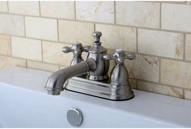 Alt view image 5 of 7 - Kingston Brass KS7008AX 4 in. Centerset Lavatory Faucet with Heritage Spout & Metal Cross Handle, Satin Nickel