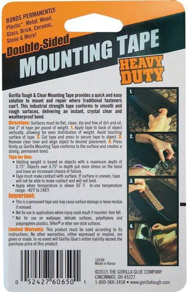 Alt view image 11 of 19 - Gorilla Glue 6055002 Gorilla Heavy Duty Mounting Tape,1" x 60" Rolls