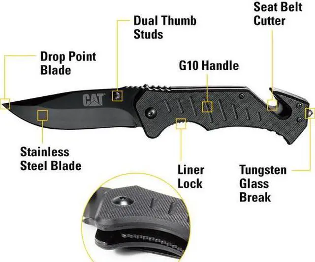 Alt view image 3 of 5 - CAT 980012 8 Inch Folding Knife with Seat Belt Cutter and Glass Break