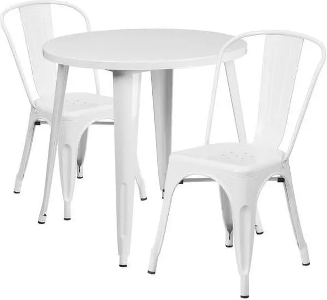 Alt view image 10 of 14 - 30'' Round White Metal Indoor-Outdoor Table Set with 2 Vertical Slat Back Chairs