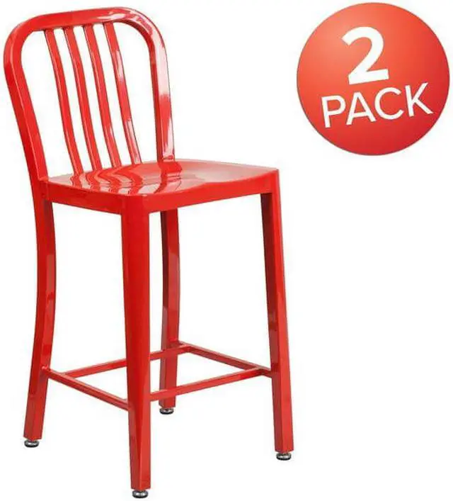 Alt view image 3 of 7 - Flash Furniture 24" High Red Metal Indoor-Outdoor Counter Height Stool with Vertical Slat Back 2 Pack (2CH6120024RED)