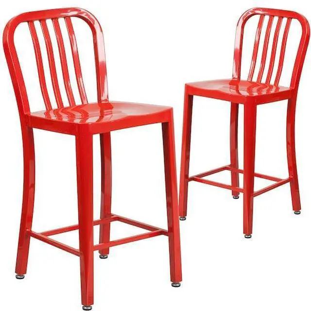 Alt view image 6 of 7 - Flash Furniture 24" High Red Metal Indoor-Outdoor Counter Height Stool with Vertical Slat Back 2 Pack (2CH6120024RED)