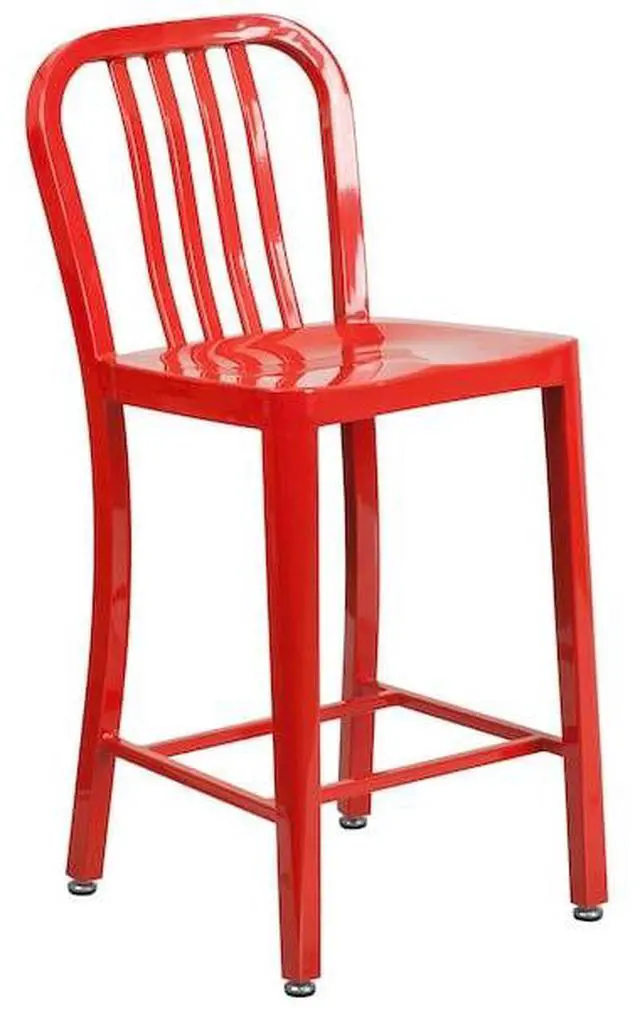 Alt view image 7 of 7 - Flash Furniture 24" High Red Metal Indoor-Outdoor Counter Height Stool with Vertical Slat Back 2 Pack (2CH6120024RED)