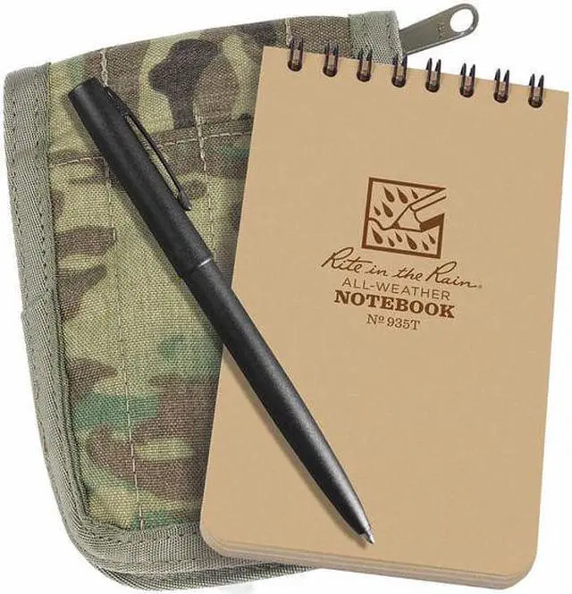 Alt view image 3 of 3 - rite in the rain weatherproof 3" x 5" top-spiral notebook kit: multicam cordura fabric cover, 3" x 5" tan notebook, and weatherproof pen (no. 935m-kit)